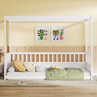 Twin Size Canopy Floor Bed Frame with Guardrails and Four Poster Design