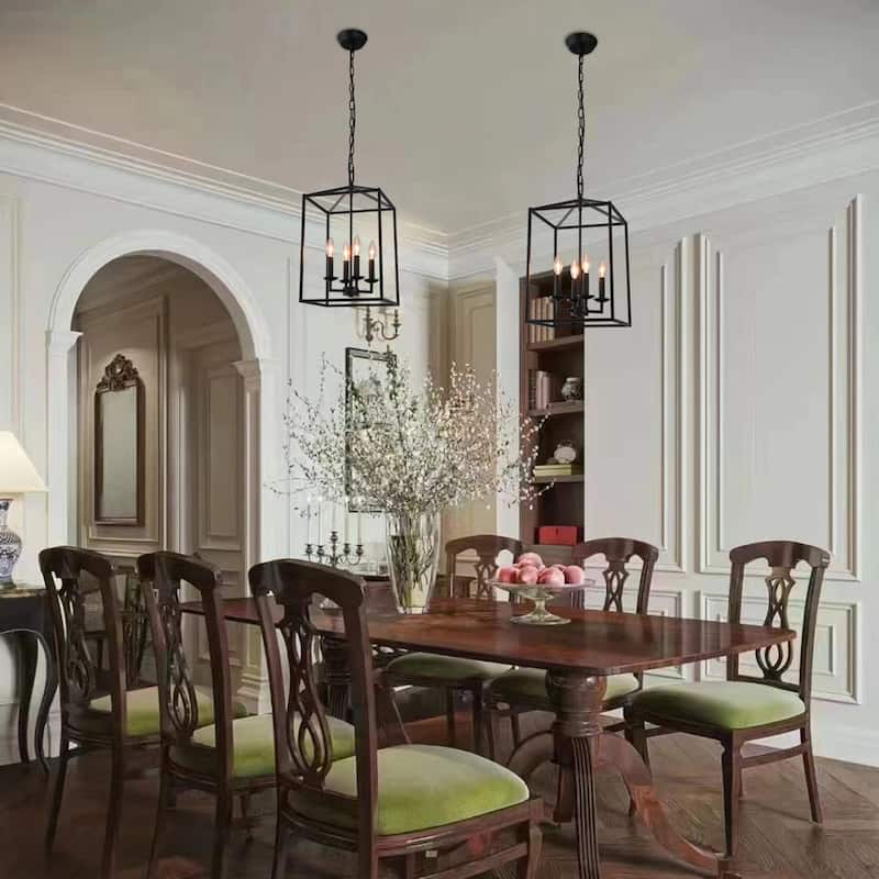 4-Light Black Latern Chandelier - N/A