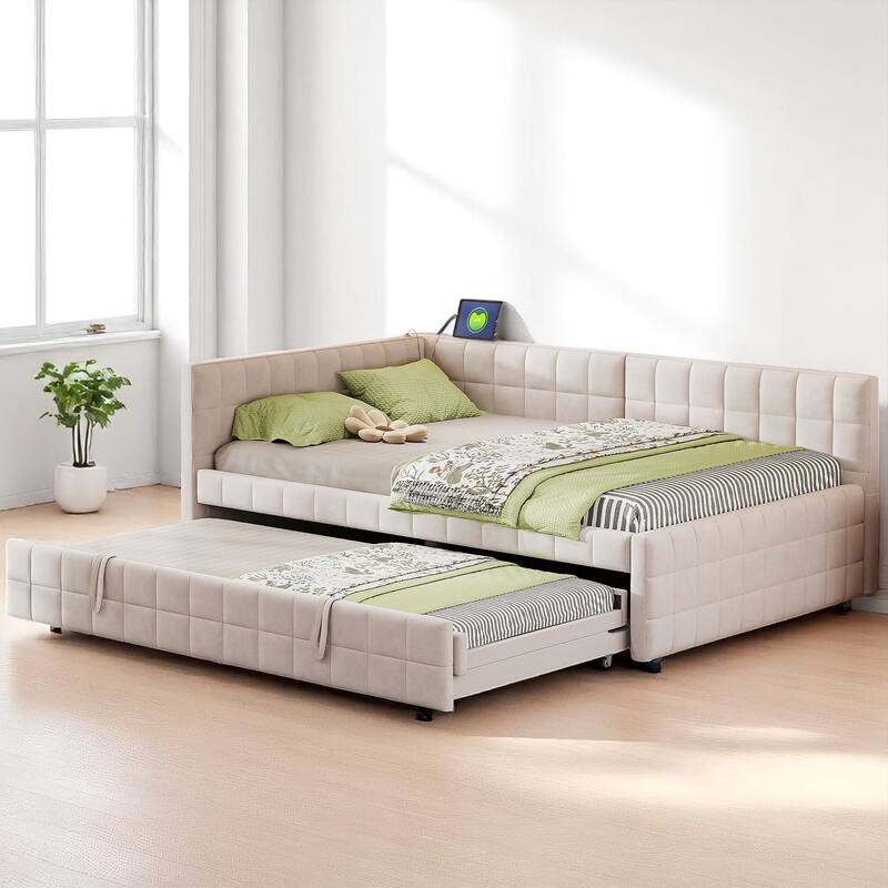 Full Size Upholstered L-Shaped Daybed with Twin Pop-Up Trundle and USB Charging Ports - Beige - Full