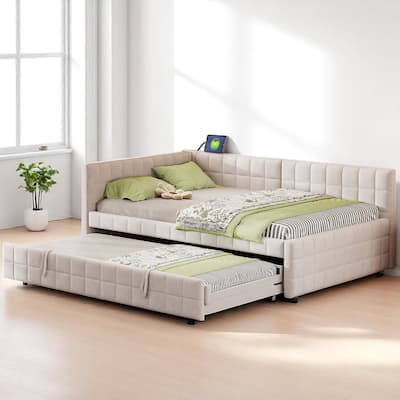 Full Size Upholstered L-Shaped Daybed with Twin Pop-Up Trundle and USB Charging Ports