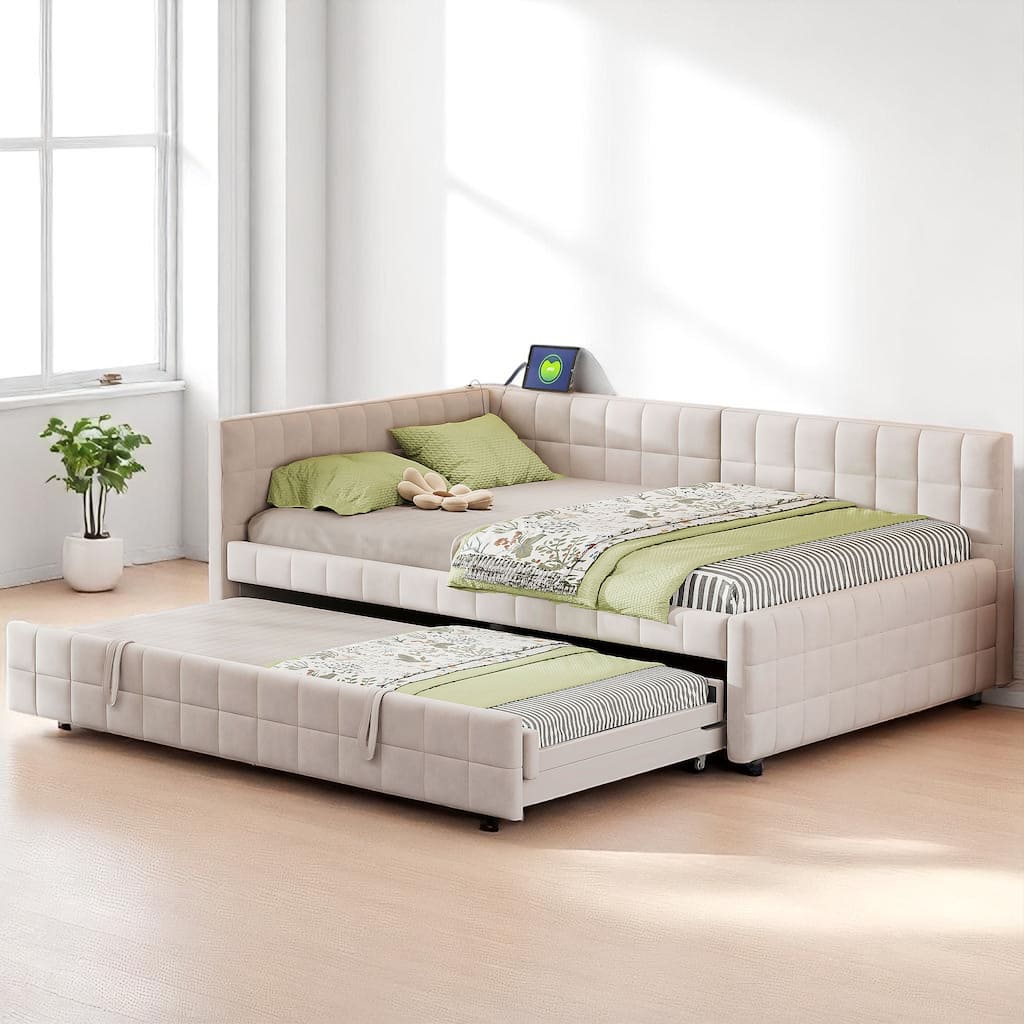 Full Size Upholstered L-Shaped Daybed with Twin Pop-Up Trundle and USB Charging Ports
