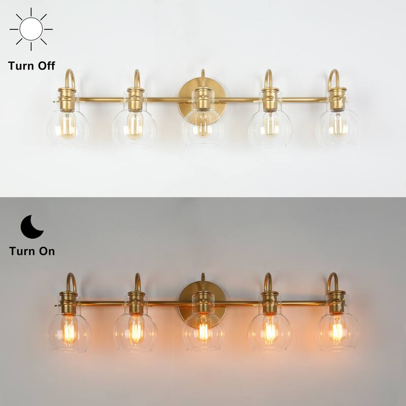 Bela Modern Gold 5-Light Bathroom Vanity Light Orb Glass Wall Sconces - L 35.4"xD7.1"xH 9.1"