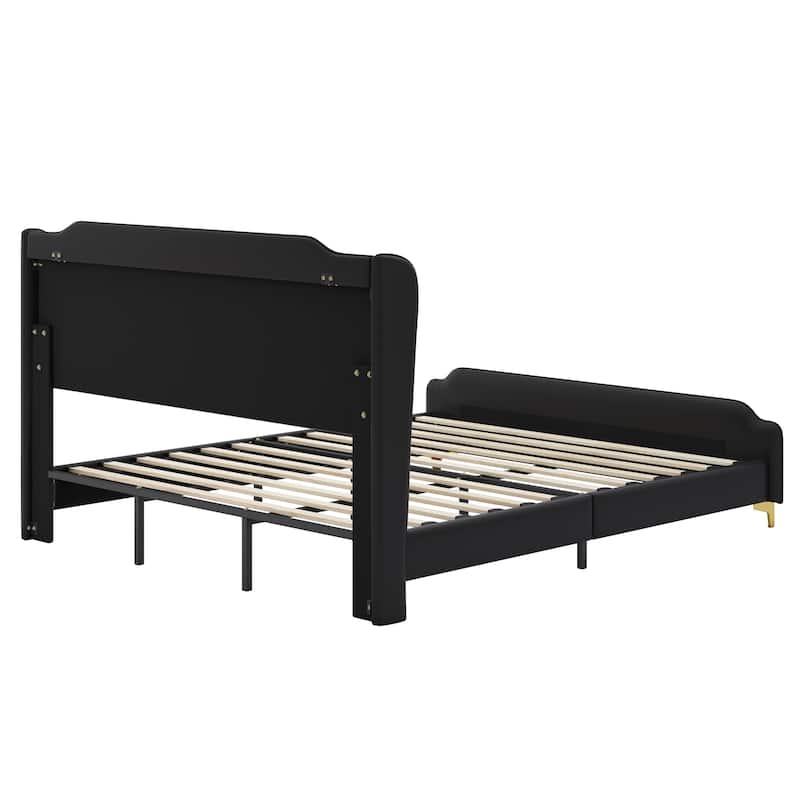 King Size Leather Bed frame with Wingback Headboard & Footboard, PU Upholstered Platform bed, Solid Wooden Slats Support