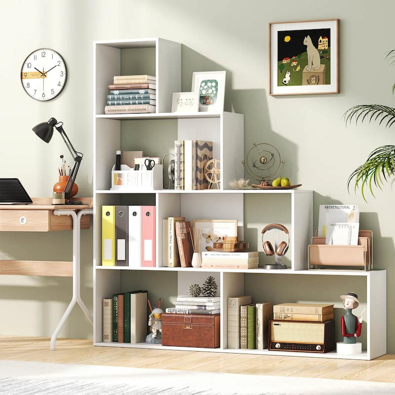 Costway 1/2 PCS 4-Tier Bookshelf with 6 Storage Cubes 64" Tall Modern - White