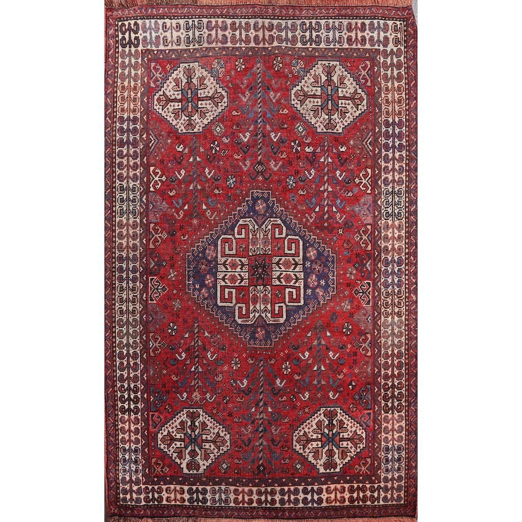 Pre-1900 Antique Vegetable Dye Shiraz Persian Wool Area Rug Handmade - 3'9" x 5'1"