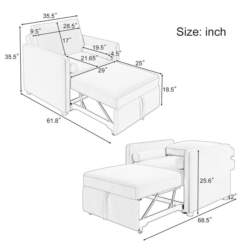 Versatile Single Sofa Bed with Adjustable Backrest, 3 in 1 Convertible Sleeper Sofa Bed with Wood Frame for Livingroom