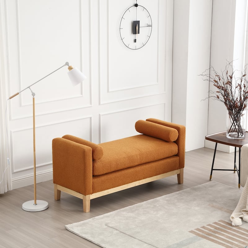 Upholstered Bench Wood Legs and Bolster Pillows