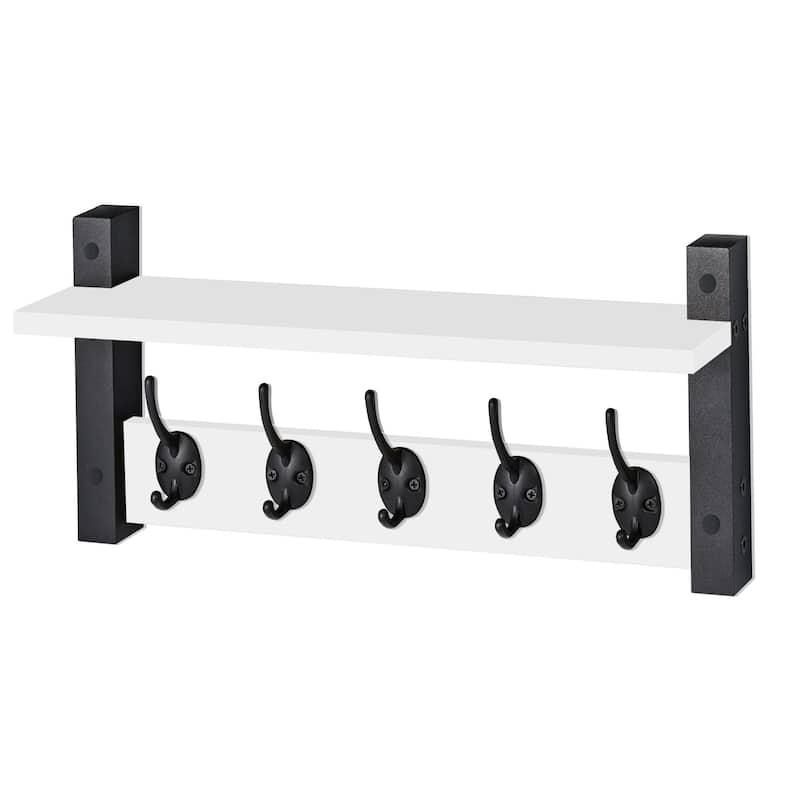 Sorbus Coat Hooks Wall Mount Floating Shelf with 5 Heavy Duty Hooks, Large and Extra Large