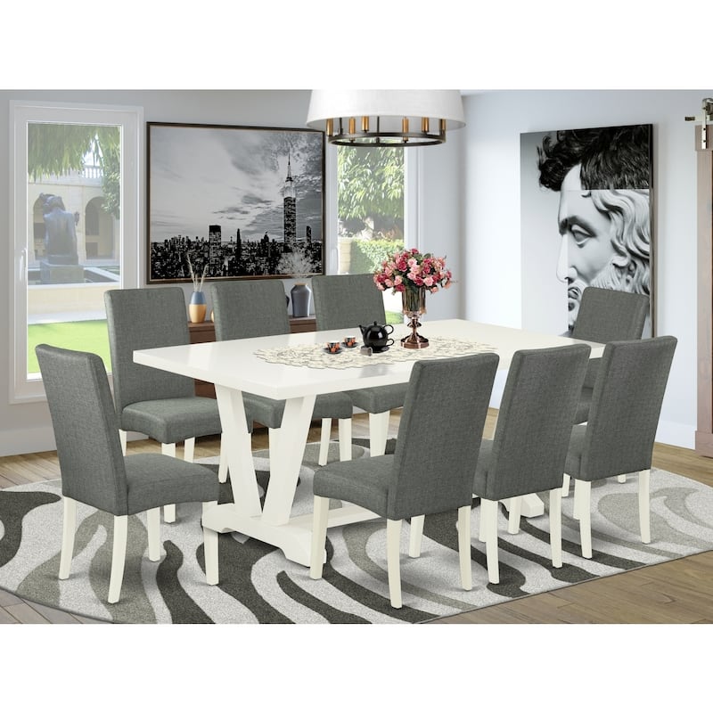 Modern 9 Piece Dining Set - Rectangle Table with 8 Linen Upholstered Chairs - 40x72 Inch
