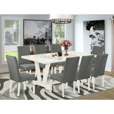 Modern 9 Piece Dining Set - Rectangle Table with 8 Linen Upholstered Chairs - 40x72 Inch