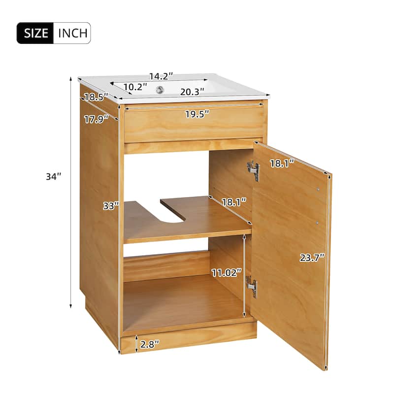 Roomfitters 20" Bathroom Vanity with Ceramic Sink, Freestanding Vanity Cabinet with Soft-Closing Door, Natural Wood Finish