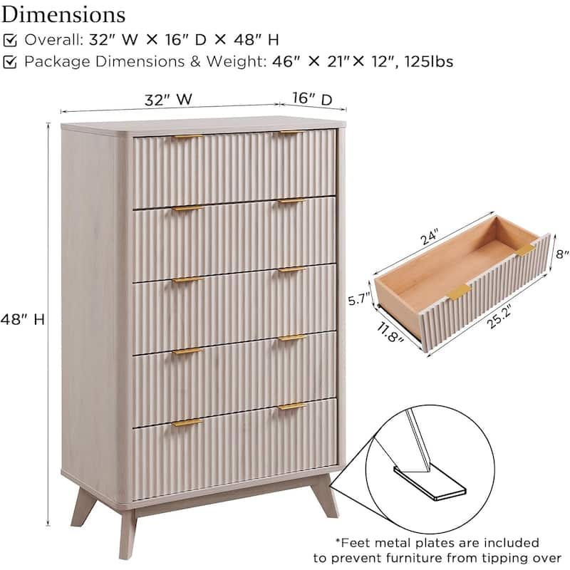 Modern Fluted 5 Drawers Dresser, Chest of Drawers, Dresser TV Stand