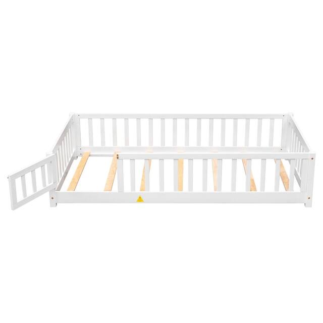 Twin/Full/Queen size Floor Platform Bed with Fence and Door for Kids, Toddlers
