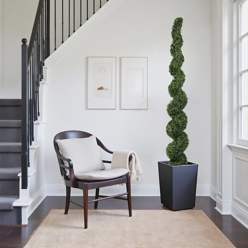 7FT Spiral Topiary Trees Artificial Faux Boxwood Plants Large Twisted Green Potted Trees with Light Green Leaves,1pc/set