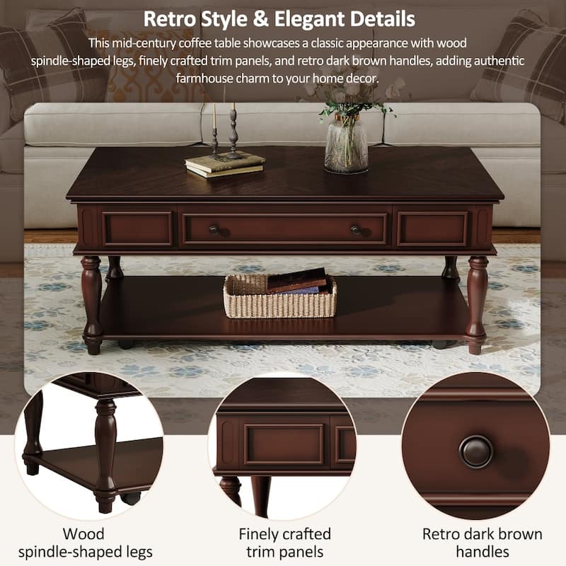 Farmhouse Coffee Table with One Drawer,Solid Wood Legs and Lockable Wheels