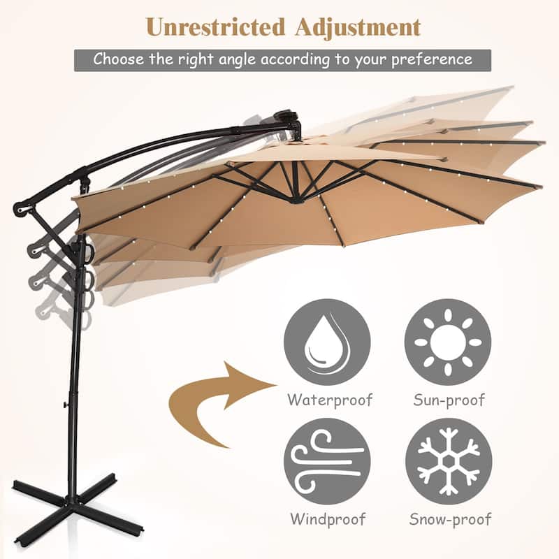 Costway 10FT Patio Offset Umbrella Solar Powered LED 360degrees