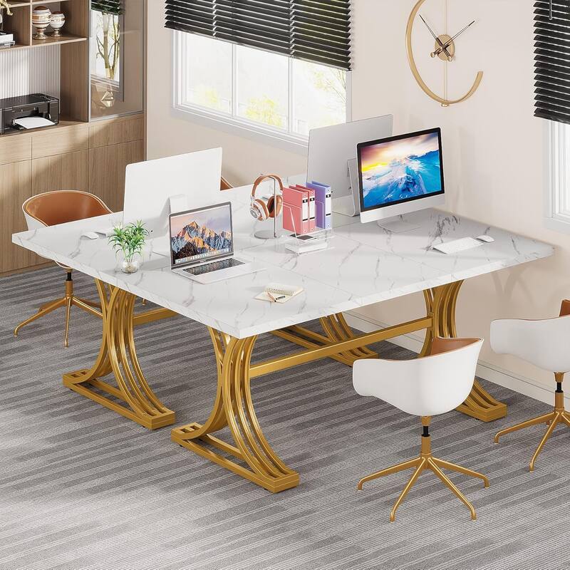 63" Modern Executive Desk, Large Office Computer Desk with Stylish Gold X-Legs, Faux Marble Top Workstation