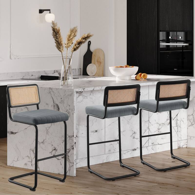 Velvet Upholstered Rattan Counter/Bar Stools, Set of 2/3