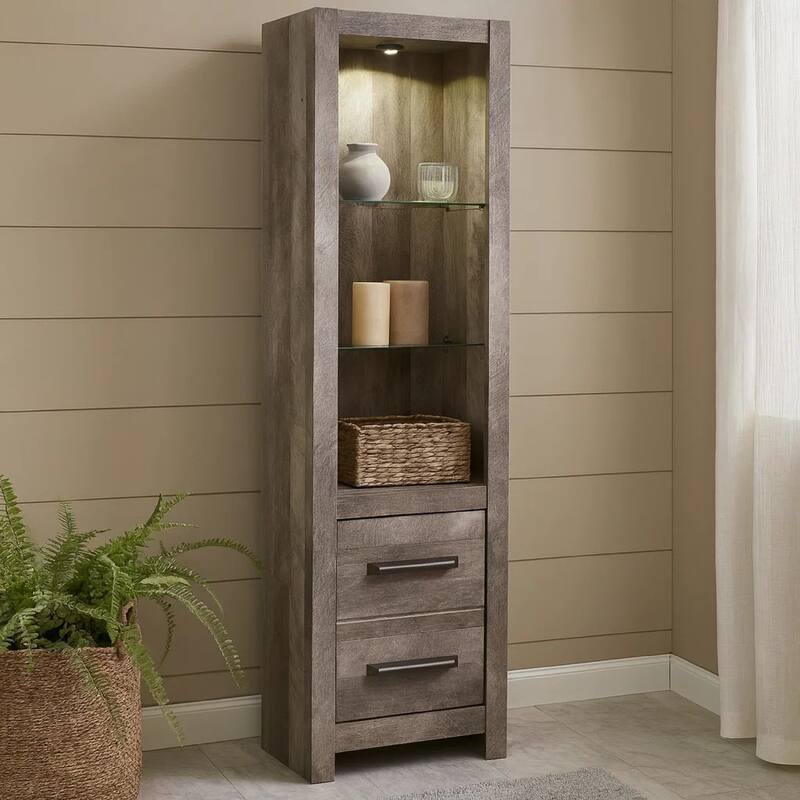 72 Inch Side Pier, 2 Glass Shelves, 2 Bottom Drawers, Rustic Gray Finish
