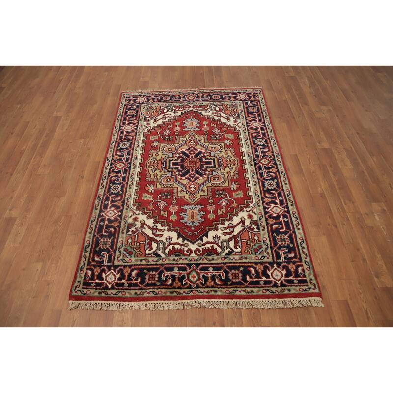 Hand Knotted Oriental 100% Wool Carpet Traditional Medallion Oranges & Rust Heriz (serapi) Area Rug - 5' 11'' X 3' 11''