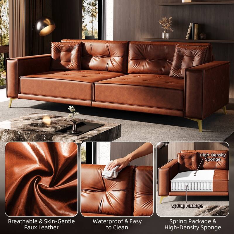 Oversized 3-in-1 Convertible Sofa Bed, 92.1" Faux Leather Square Arms Loveseat, Modern Pull-Out Sleeper Couch with Pillows