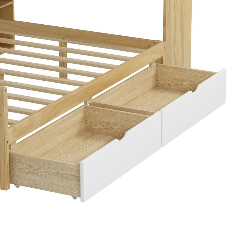 Modern Wooden L-shape Multi-functional Daybed with Study Desk and Built-in Bookshelf