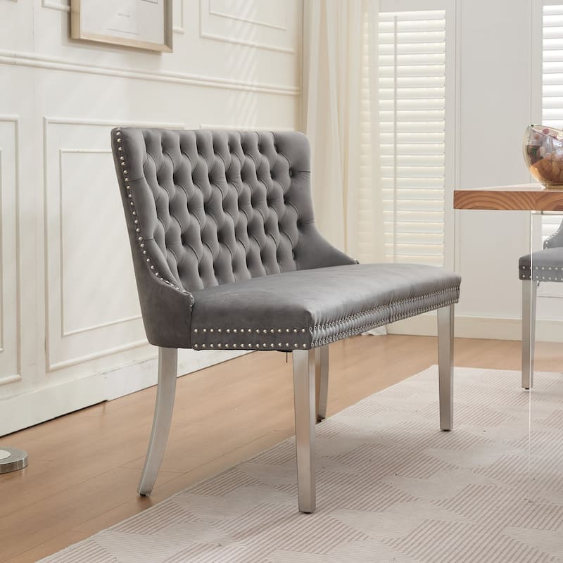 GDF Studio- Velvet Mid-Century Double Dining Loveseat Bench with Tufted Buttons & Stainless Steel Legs