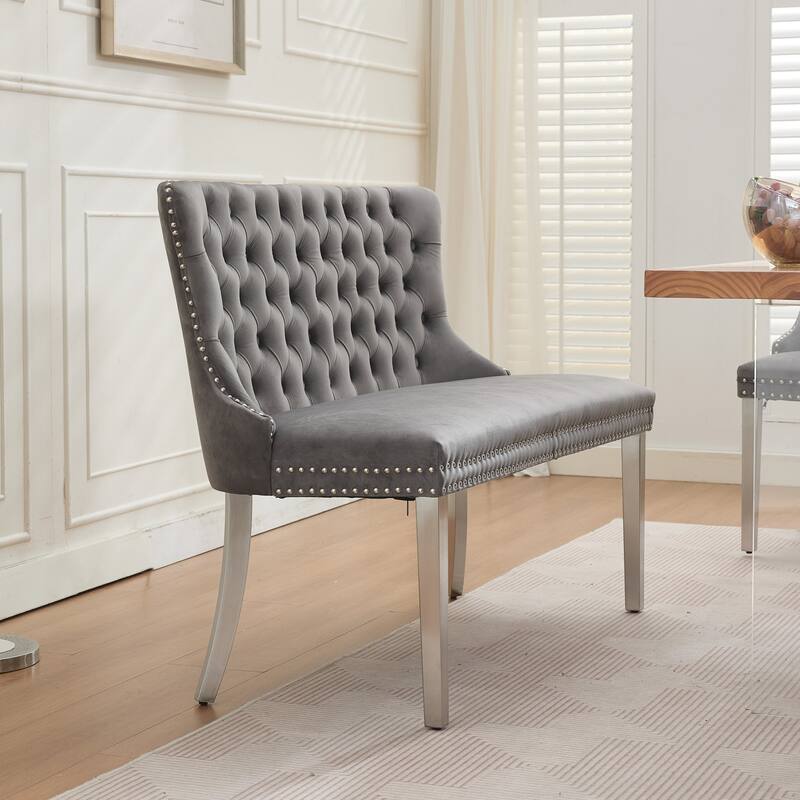 Velvet Double Dining Loveseat Bench, 2-Seat Tufted Bench w/Handmade Buttons, Wing Back, Gold-Plated Steel Legs, Single Pack