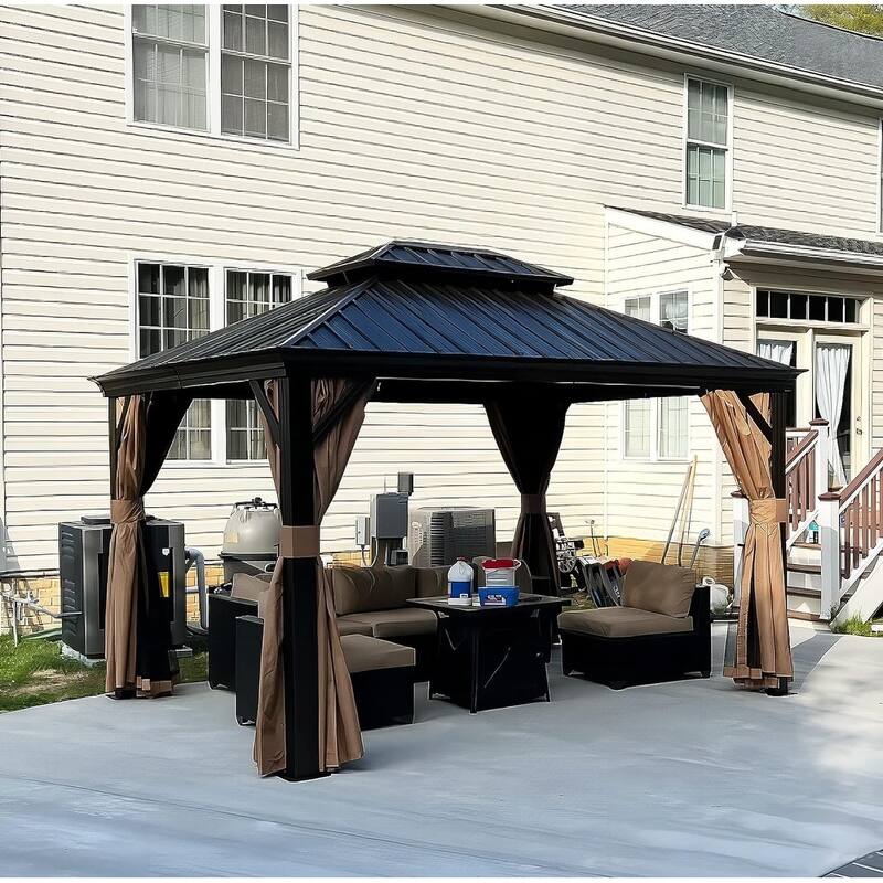 PURPLE LEAF 10x12 Outdoor Galvanized Steel Hardtop Gazebo, Aluminum Frame Gazebo With Curtains - Beige