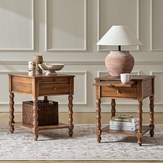 HULALA HOME Eric Traditional 26" Tall Solid Wood End Table with Built-in Charging Station and Extendable Tray Set of 2
