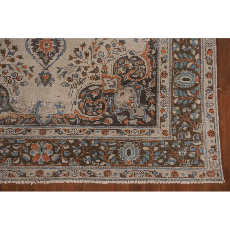 Hand Knotted Oriental 100% Wool Carpet Traditional Floral Beige & Ivories Tabriz Area Rug - 9' 8'' X 6' 5''
