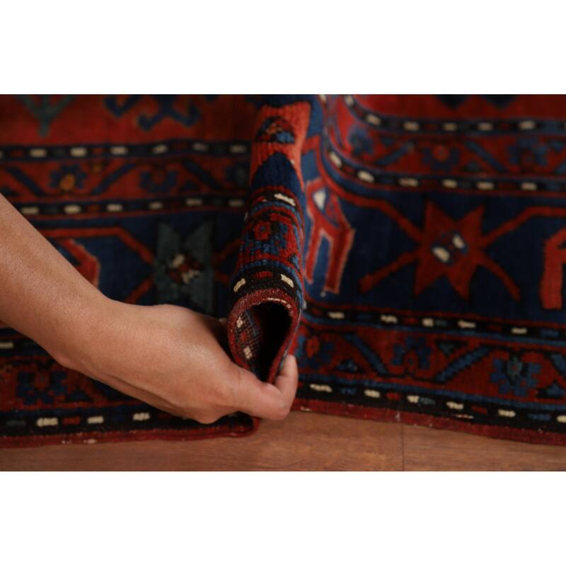 Orange & Blue Kazak Vegetable Dye Vintage Rug Hand-Knotted Wool Carpet - 5'4" x 8'1"