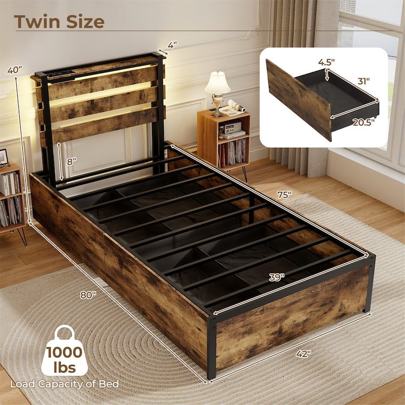 Gymax Twin Size Bed Frame w/ Drawers LED Lights Outlets & USB Ports