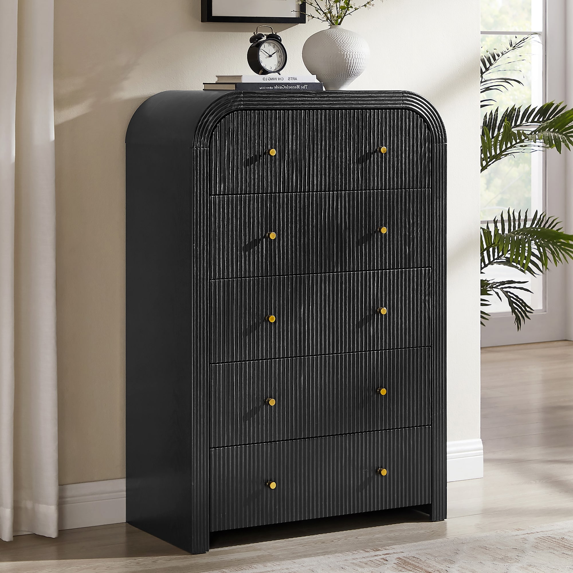 Modern Fluted 5 Drawers Dresser, Wood Chest of Drawers for Bedroom