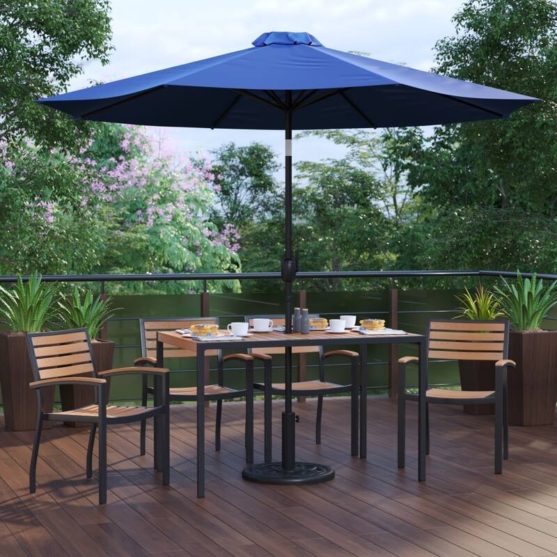 30" x 48" Faux Teak Patio Table, 4 Chairs and 9FT Patio Umbrella with Base - Navy