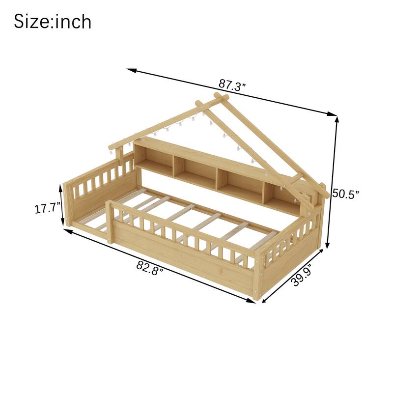 House-shaped Daybed Kids Wood House Bed Montessori Toddler Floor Bed with Roof Shape Storage Bookshelves and Light