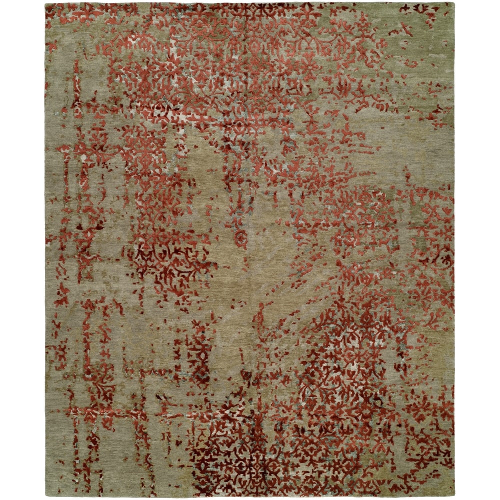 Modern Red Hand-Knotted Wool & Viscose Area Rug