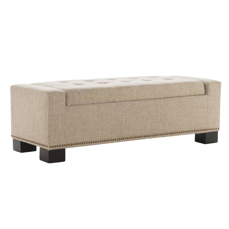 Abigail Storage Ottoman Bench, Nailhead Trim, Wheat Fabric, 51 Inch