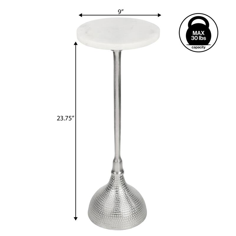 23.75″ Metal Pedestal Drink, End Table w/ White Marble Round Top & Hammered Base, By JONATHAN Y