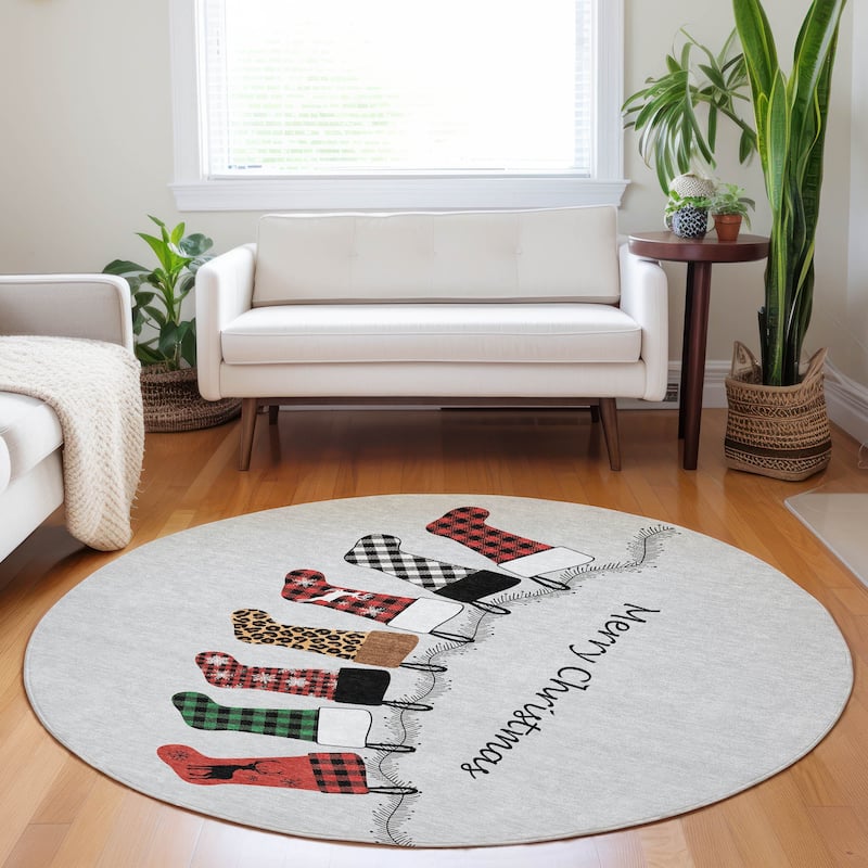 Premium Washable Super Soft Merry Christmas Stockings Mayfield Rug - Multi - 8' x 8' - Round