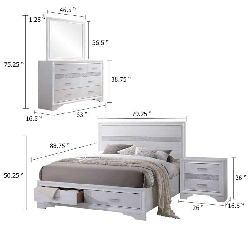 Vino White 4pc California King Bed Set with Dressers, Glitter Accent