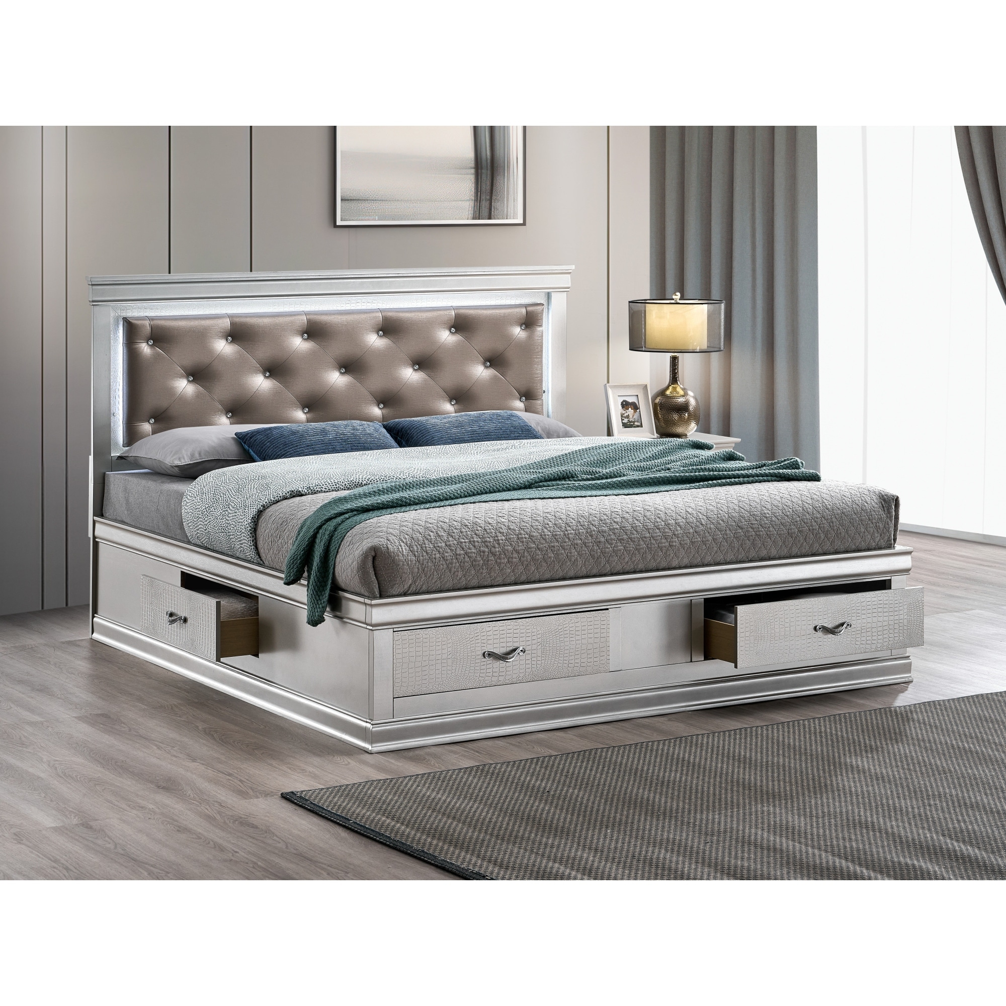 Roomfitters Upholstered Storage Bed Frame with Button Detailed Headboard, No Box Spring Needed