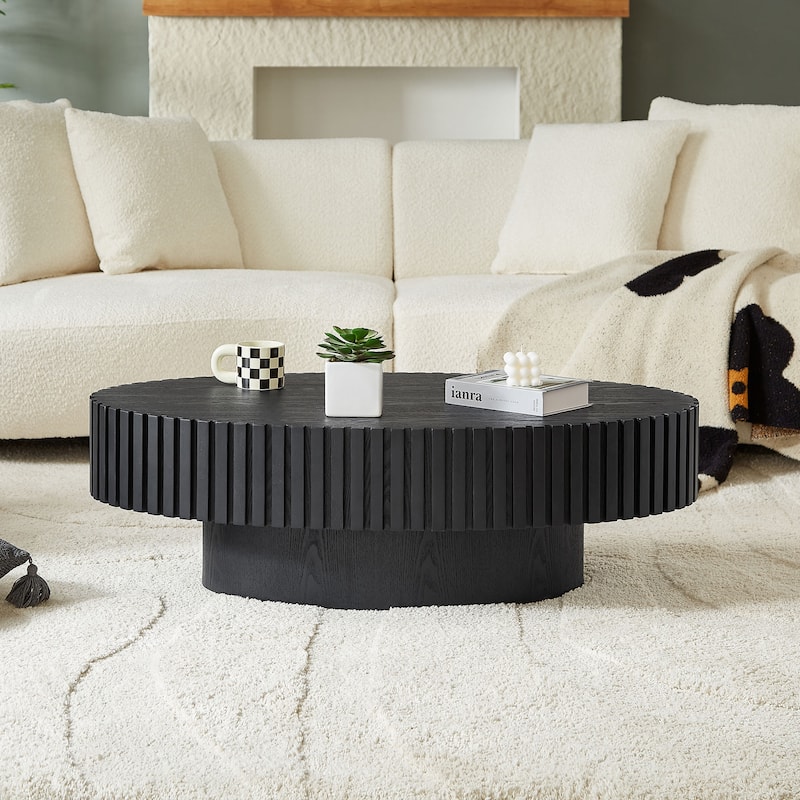 Handcraft Coffee Table Dining Table with Wood Relief, Oval End Table Accent Table with Sturdy Pedestal