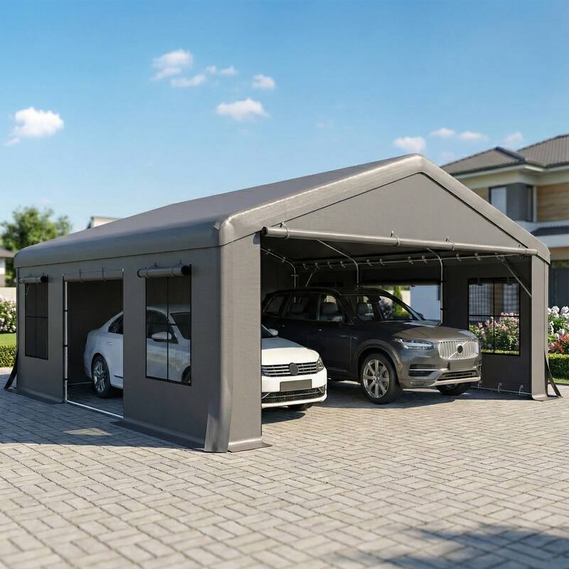 Outsunny 20' x 20' Heavy Duty Carport, Portable Garage Car Canopy Tent with Reinforced Galvanized Frame,Dark Gray - Grey
