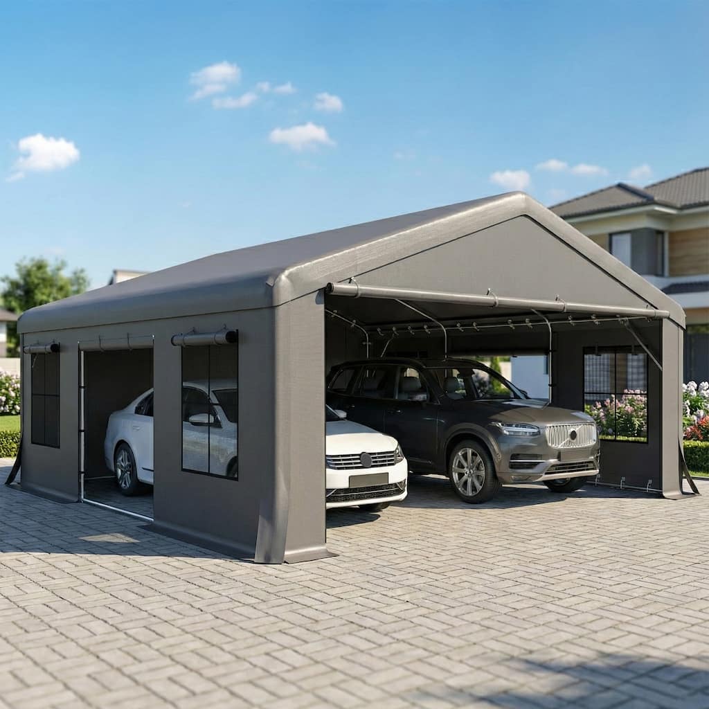 Outsunny 20' x 20' Heavy Duty Carport, Portable Garage Car Canopy Tent with Reinforced Galvanized Frame,Dark Gray