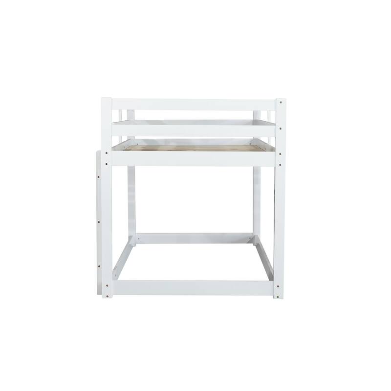 Wooden Twin over Twin Floor Bunk Bed with Ladder, with Bed Platform of Strengthened Slats