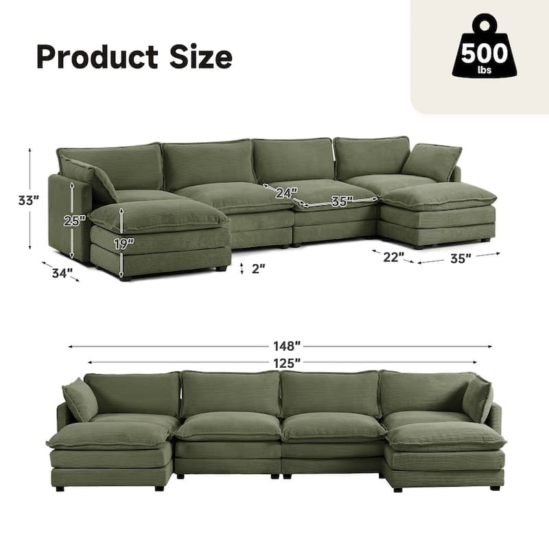 Oversized Modular Corduroy Sectional Sofa Set with Ottoman, 3-Seater / 4-Seater Deep Seat Lounge Couch for Living Room