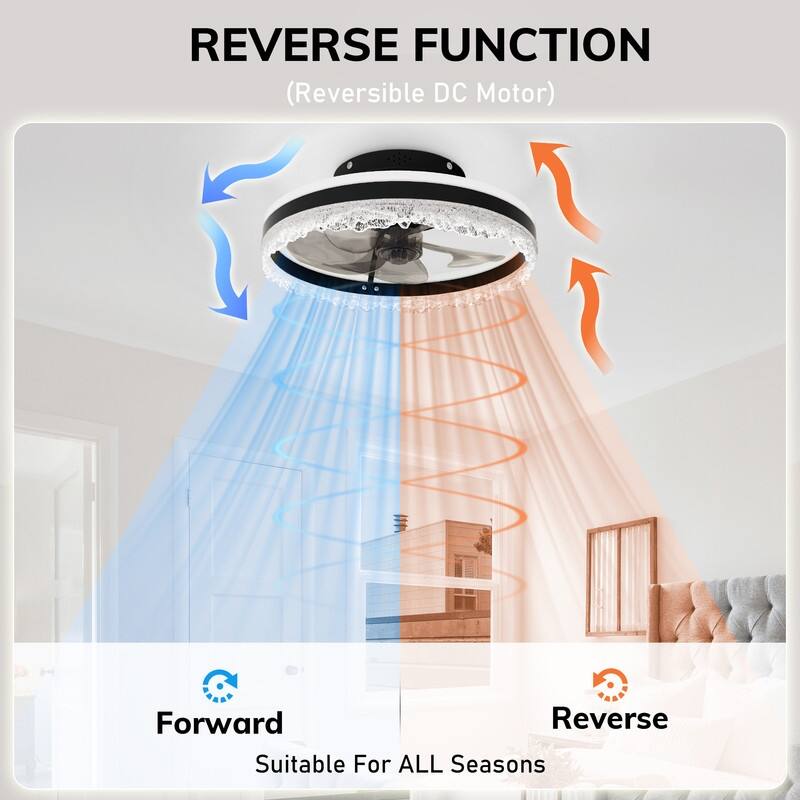 Smart Silent LED Ceiling Fan with Light Crystal Flush Mount, Hidden Blades