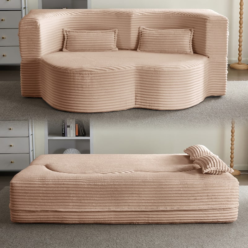 Full Size Floor Sleeper Sofa - 15" Folding Mattress, No Assembly Corduroy Sofa Bed with 2 Pillows - Pink