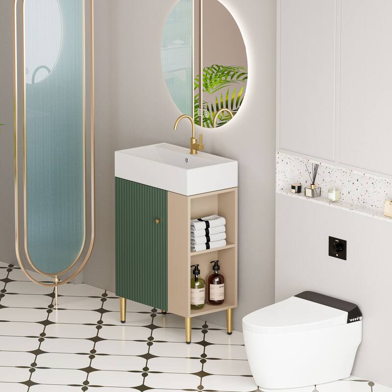 Compact White Bathroom Vanity with Ceramic Sink, Soft-Closing Cabinet, and Brushed Copper Accents for Small Spaces